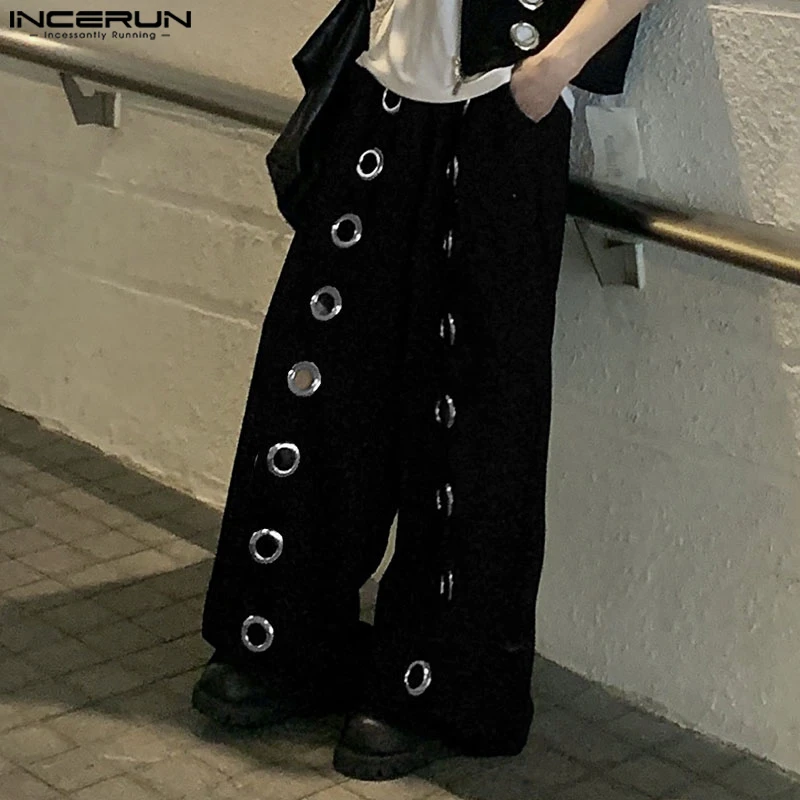 INCERUN Men Pants Solid Color Drawstring Joggers Loose Hollow Out Trousers Men Streetwear 2025 Fashion Casual Long Pants S-5XL