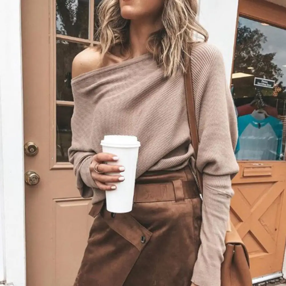 Sexy Blouse Women Solid Color Off Shoulder Long Sleeve Sweater Loose Knitted Sweater Blouse Elastic Loose Pullover Knitwear Top