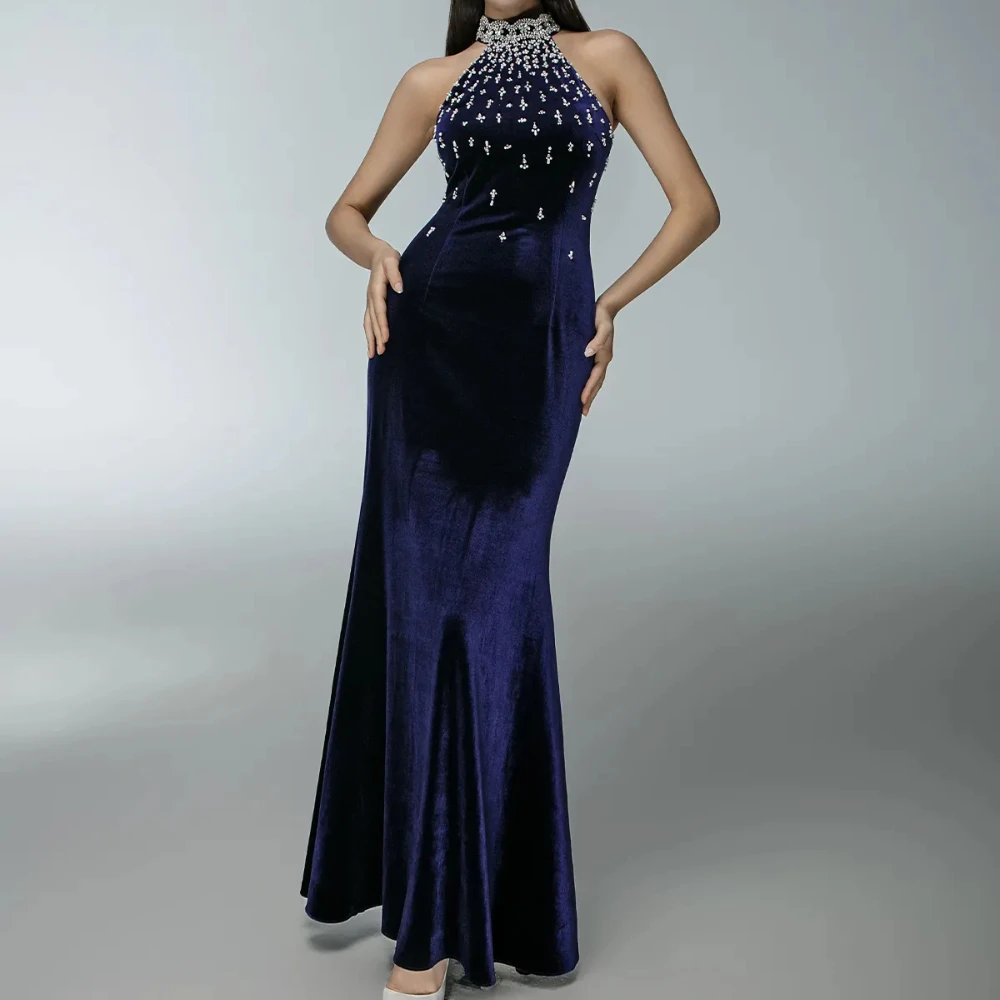 Luxury Navy Velvet Mermaid Evening Gown Featuring High Halter Sleeveless Neckline Fully Covered With Gradient Crystal