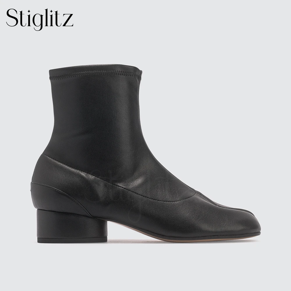 Stretch Leather Tabi Ankle Boots Back White Stitching Low Cylindrical Block Heel Booties Grained Leather Split Square Toe Boots