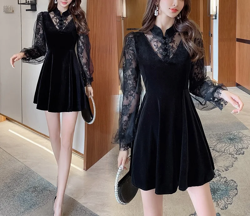 2023 Spring and Autumn Season New Velvet Slim Fit Improvement Qipao Lace Spliced Long sleeved Dress Short Skirt for Women