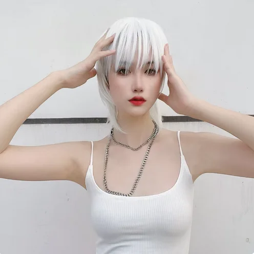 Trend synthetic short hair handsome white high temperature silk mechanism chemical fiber full head set wolf-tail anime wig