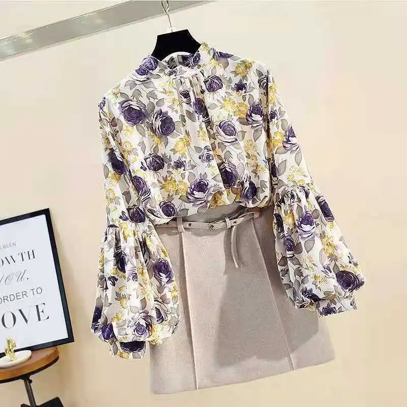 Yellow Floral Print Vintage Chiffon Stand Collar Lantern Sleeve Pullover Women\'s Blouse Shirt Female Tops Woman Clothing Fashion