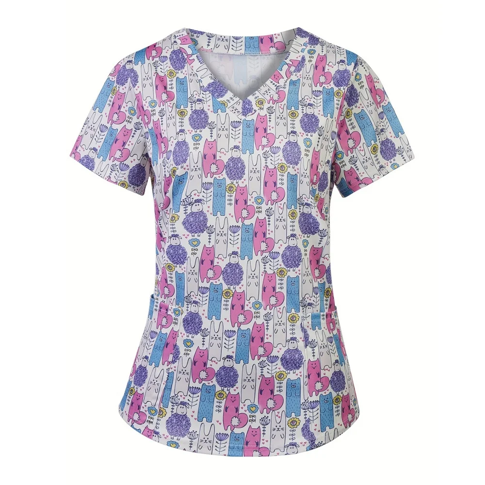 Uniformi chirurgiche Donna Adorabile animale Cartoon Stampa Veterinario Infermiera Top Moda Scollo a V Manica corta T-shirt Uniforme medica per le donne