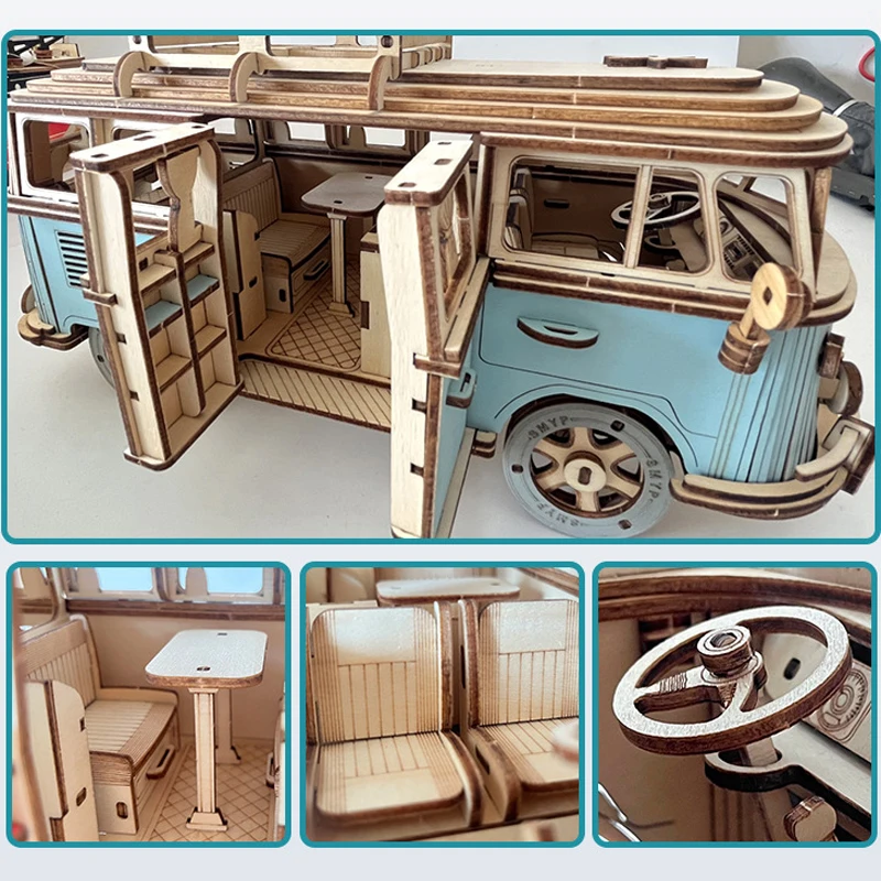 DIY Manual Assembly Model Car Wooden Retro Bus 3D Puzzle Camper Van Educational Toys For Children Gift Home Room Decoration