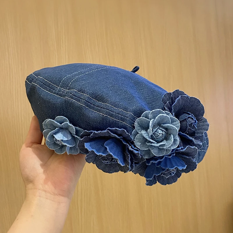 

New Flower Denim Beret Hats Korean Designer Spring Autumn Vintage Women Camellia Painter Caps Fashion Casual Cotton Beanie Hats