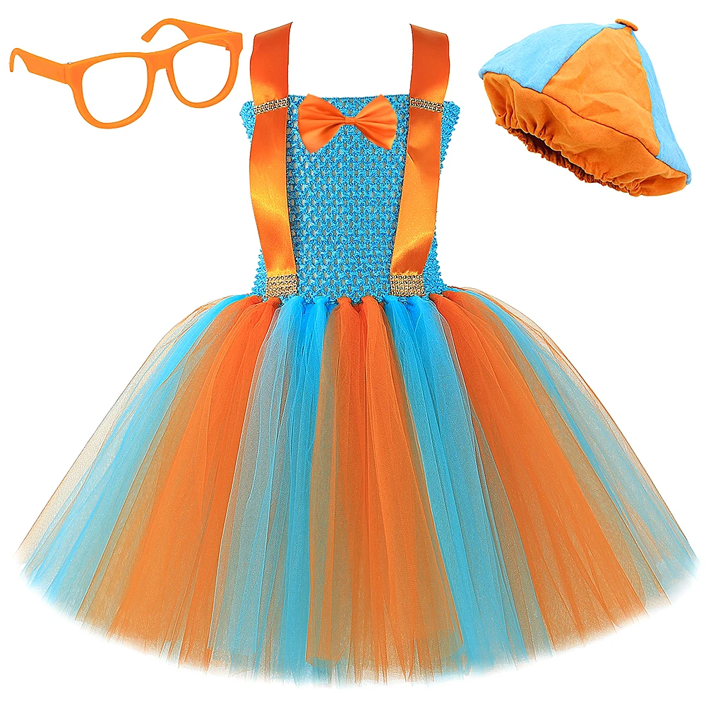 Orange Skyblue Blipp Costume for Baby Girls Cartoon English Teacher Tutu Dress Up Outfit for Kids Cosplay Clothes with Hat Glass