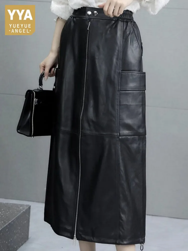 

Leisure Style Solid Color Ladies Genuine Leather Long Skirts Fashion Elastic Waist Zipper Pocket Sheepskin Loose Cowhide Skirt