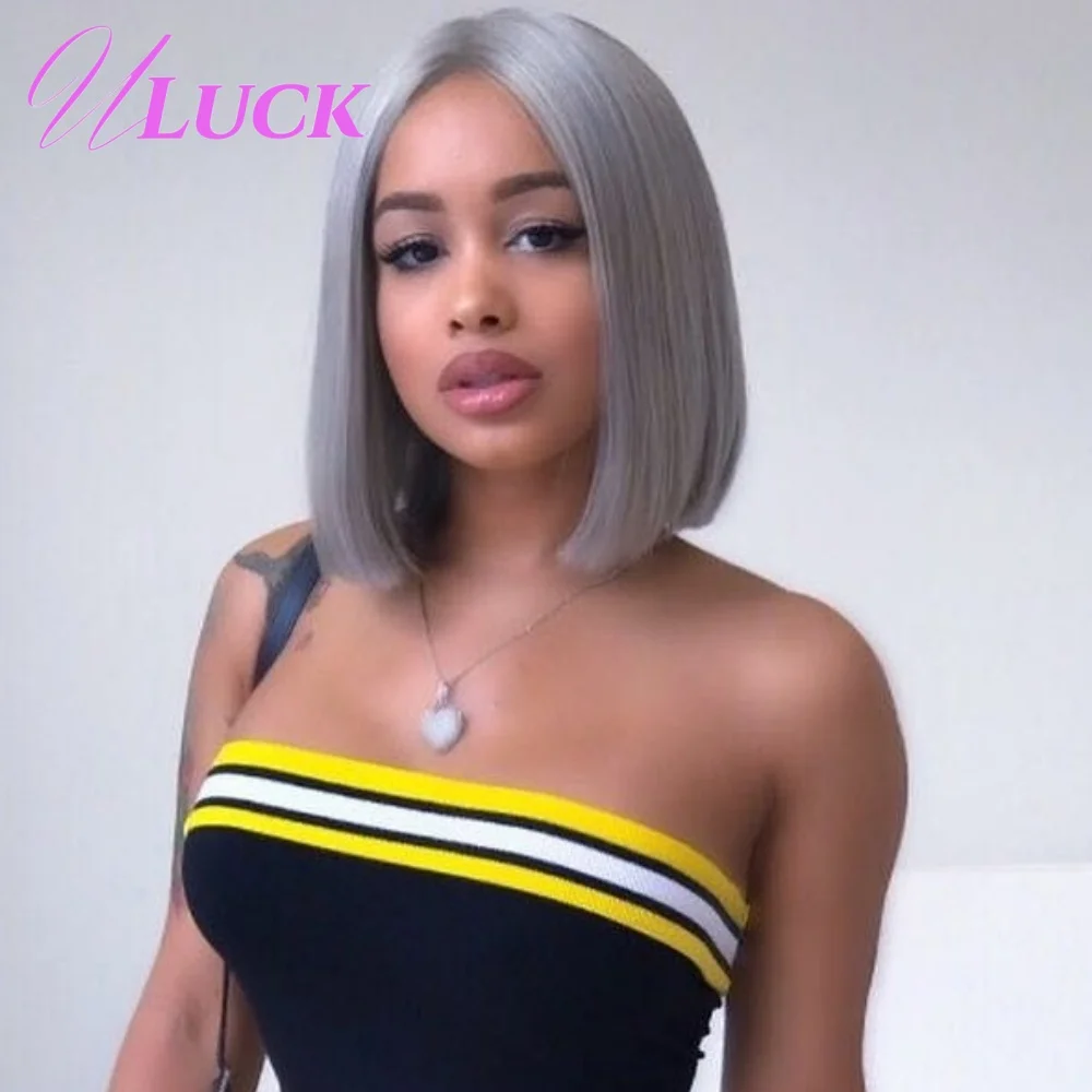 

Uluck Double Drawn Short Straight Bob 13x4 Lace Front Wigs Grey Color Brazilian Human Hair Wig Pre Plucked With Natural Hairline