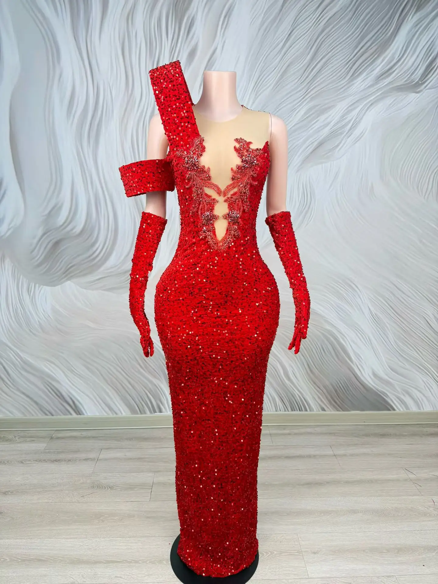 Suidao Women One Shoulder Red Sequin Mermaid Dress with Matching Gloves Formal Evening Prom Party Gown
