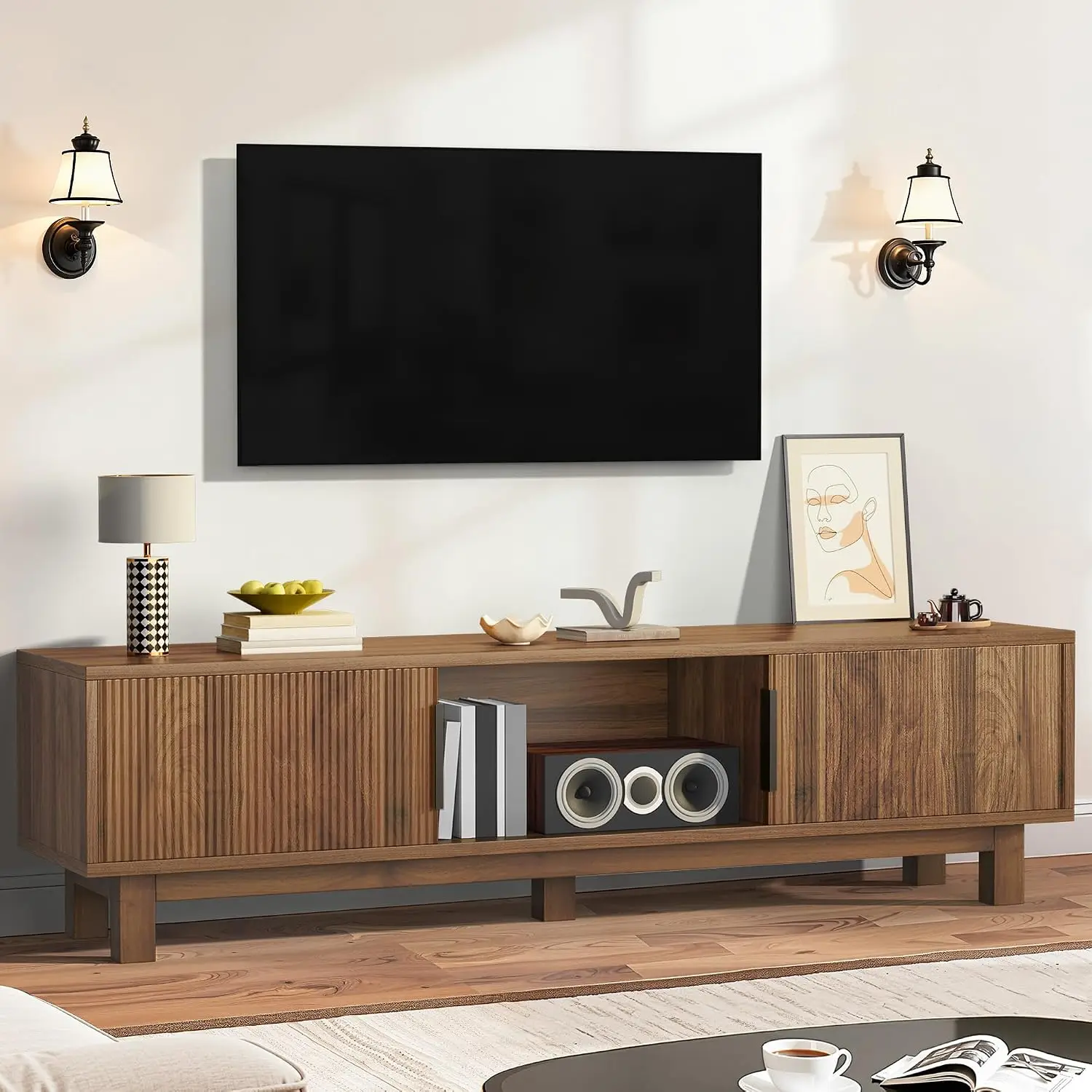 Fluted TV Stand for 65 Inch TV Walnut Mid Century Modern Media Console with Power Outlets & Storage 59 Inch Living Room, Customi