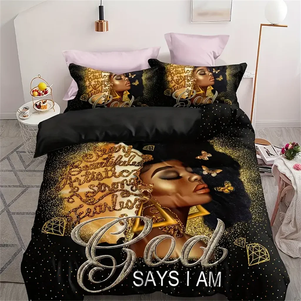 3pcs Duvet Cover Set,Golden Powder Butterfly African American Black Girl Print Bedding Set,Comfortable Duvet Cover for Bedroom