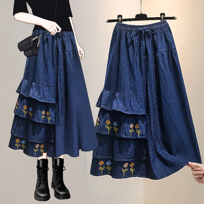 Odzież damska Plus Size na jesień 2024 Haft Patchwork Washed Denim Spódnice damskie Ruffles Design Niebieska spódnica damska KE1865