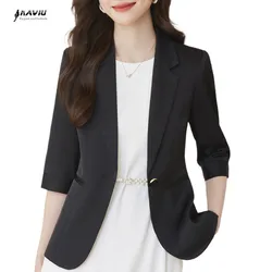 NAVIU Womens Suit Jacket Summer New Style Fashion Black Half Sleeve Office Ladies Casual Short Paragraph Satin Blazer White