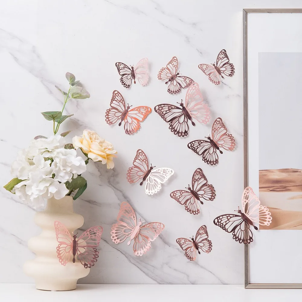 12pcs New 3D Butterfly Wall Stickers Self Adhesive DIY Butterfly Wallpaper Hollow Butterfly Decal Home Decoration