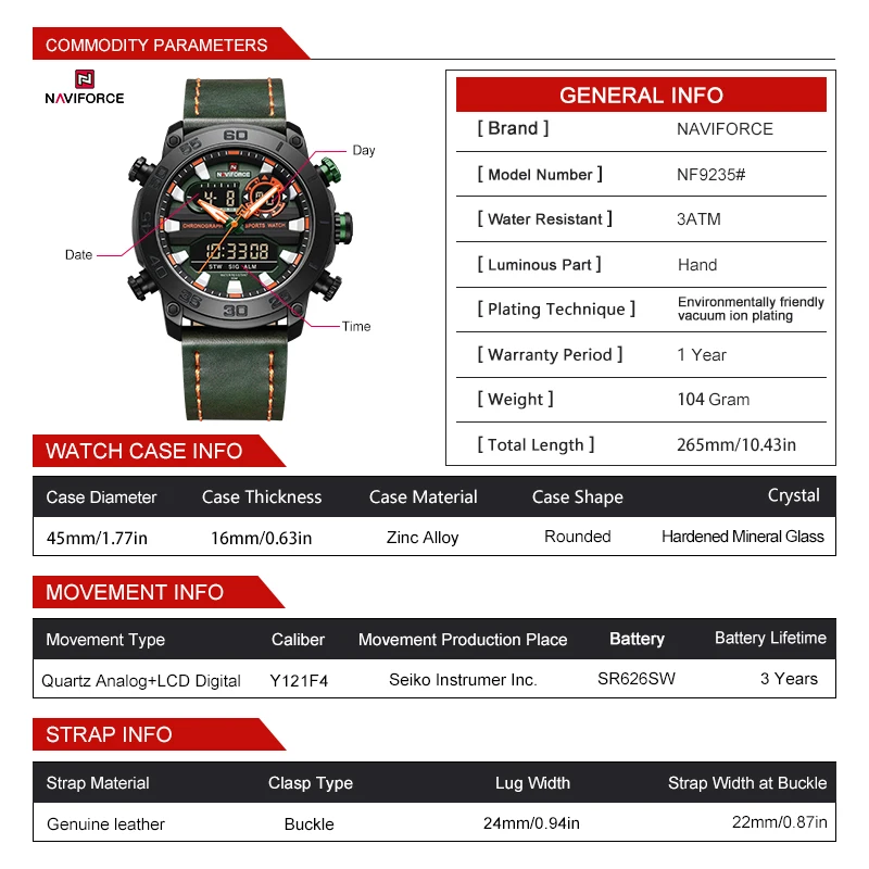 NAVIFORCE Military Watches for Men Casual Waterproof Sport Quartz Watch Digital Fashion Dual Display Watch Men New Montre Homme