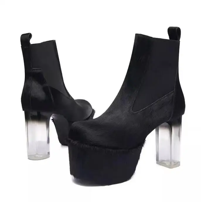 Super Platform Gradient Transparent Block Heels Ankle Boots Black Genuine Leather Woman Horsehair Chunky Heels Short Boots