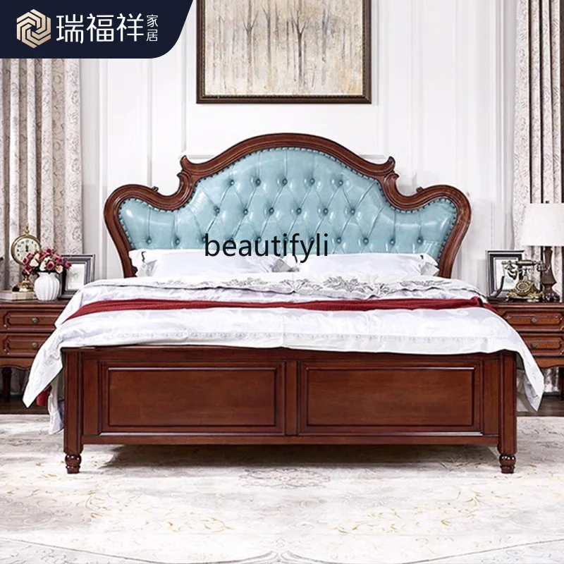 Mahogany American solid wood bed double bed master bedroom 1.8 meters retro soft bag bed