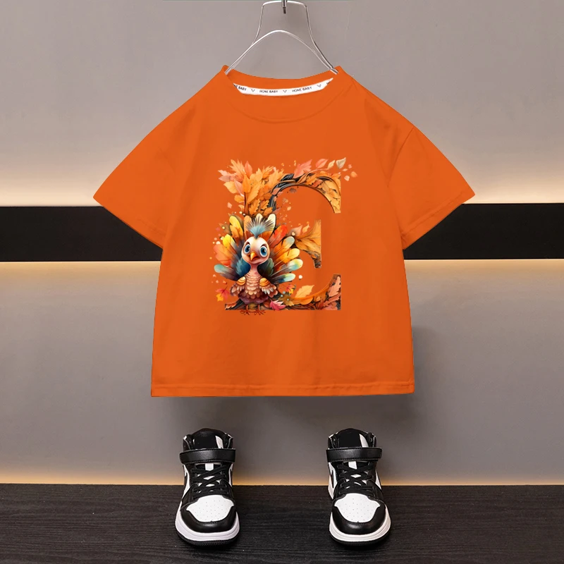 Maple Leaves Letter E Children T-shirt Kawaii Clothes for Girls T Shirt Anime Cartoons Casual Kid Boy Short Sleeve Tops New 2024