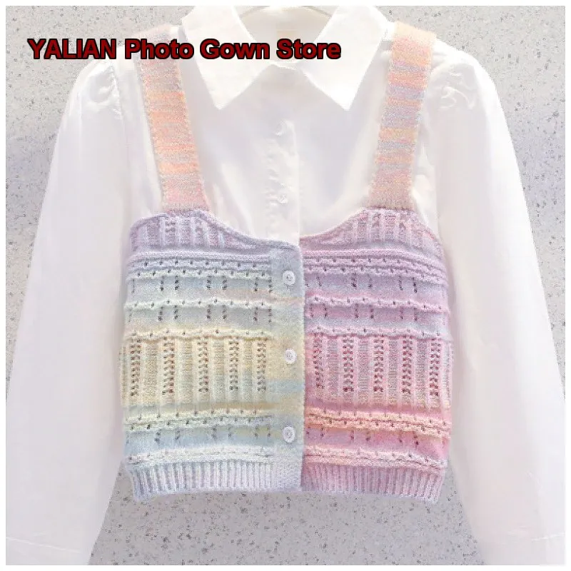 Girls Cardigan Two-Piece Look Spring Autumn Rainbow Knit Top with Vest Style Kids