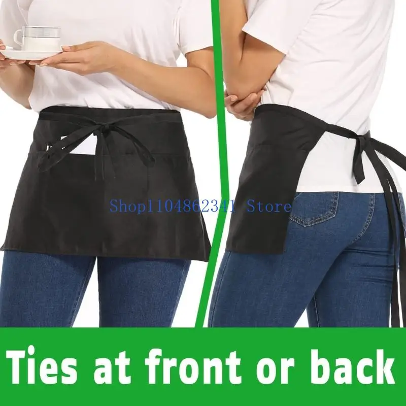 5asd Short Server Waitress Chefs Apron, Black Waist Aprons with 3 Pockets Half Apron for Waiter Cooking Dishwashing Cleaning