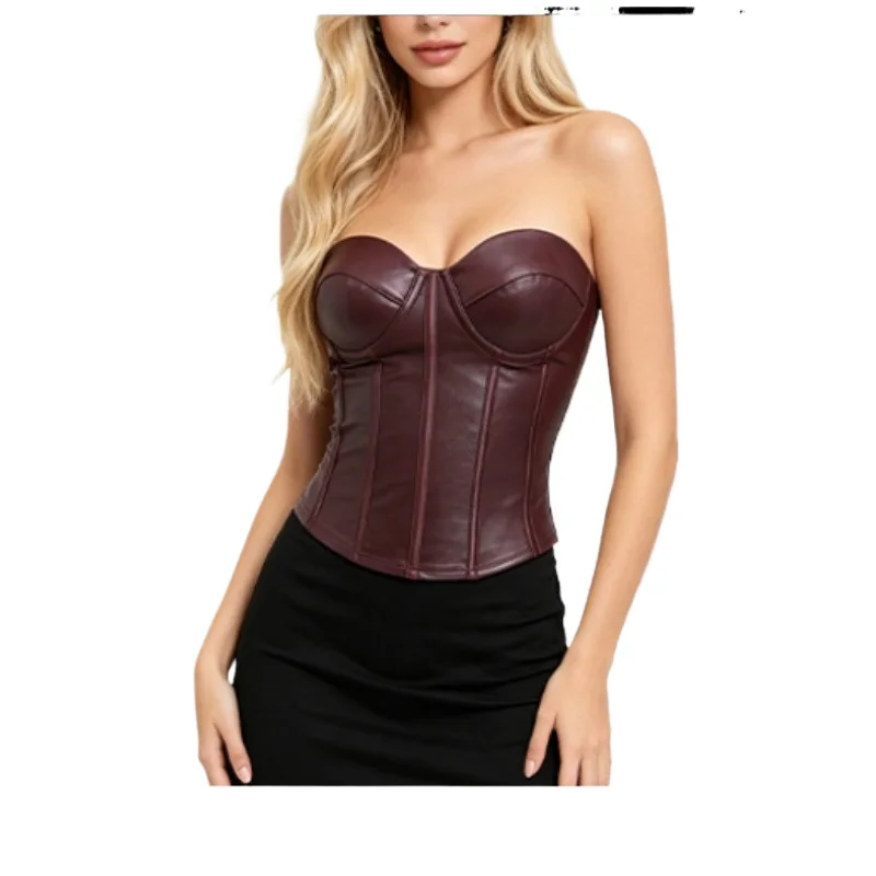 

Women Leather Look Strapless Corset Top Sexy Gothic Bustier Waist Cincher Nightclub Wear