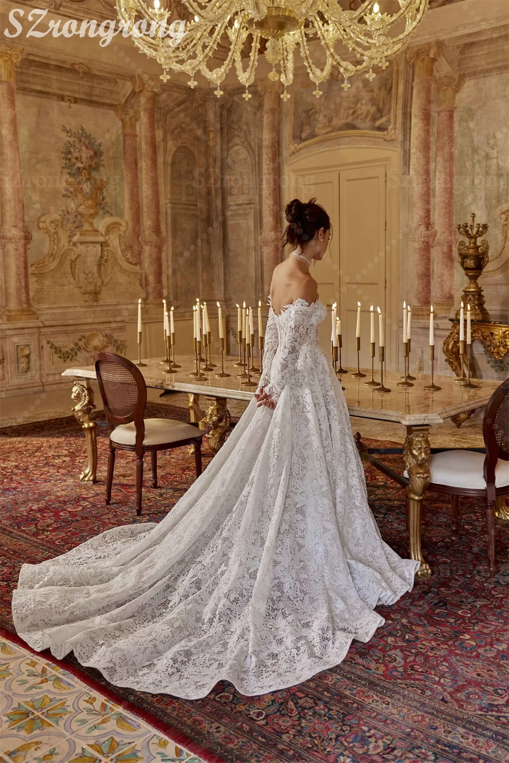 Elegancka suknia ślubna z odkrytymi ramionami, koronkowymi długimi rękawami, odkrytymi plecami, długości do podłogi, z trenem, szyta na miarę, suknia wieczorowa.