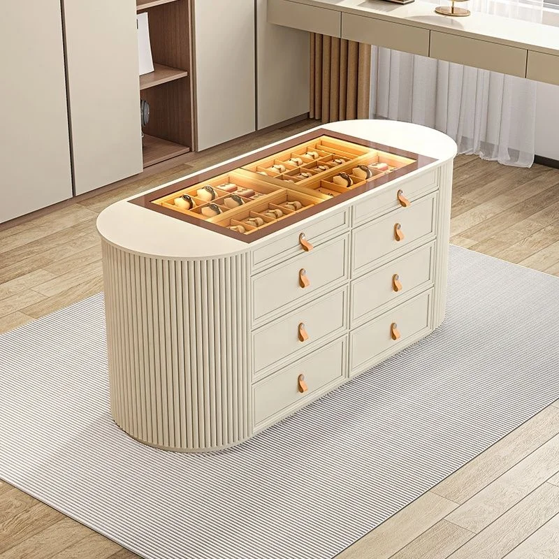

Walk-in Closet Chest of Drawer Glass Countertop and groove Side Solid Wood Panel Drawer With LED Light Island Cabinet