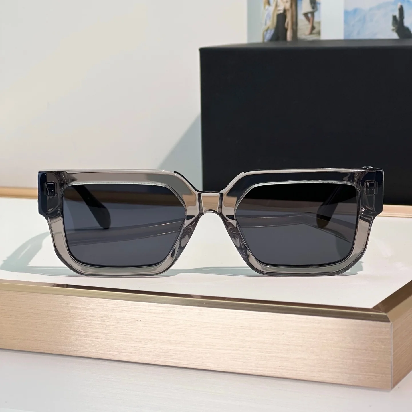 OERI146 Sunglasses Man Woman,Gloss Black Thick Square Frame,Dark Grey Lens,UV400,Retro Bold Shades Boost Charm