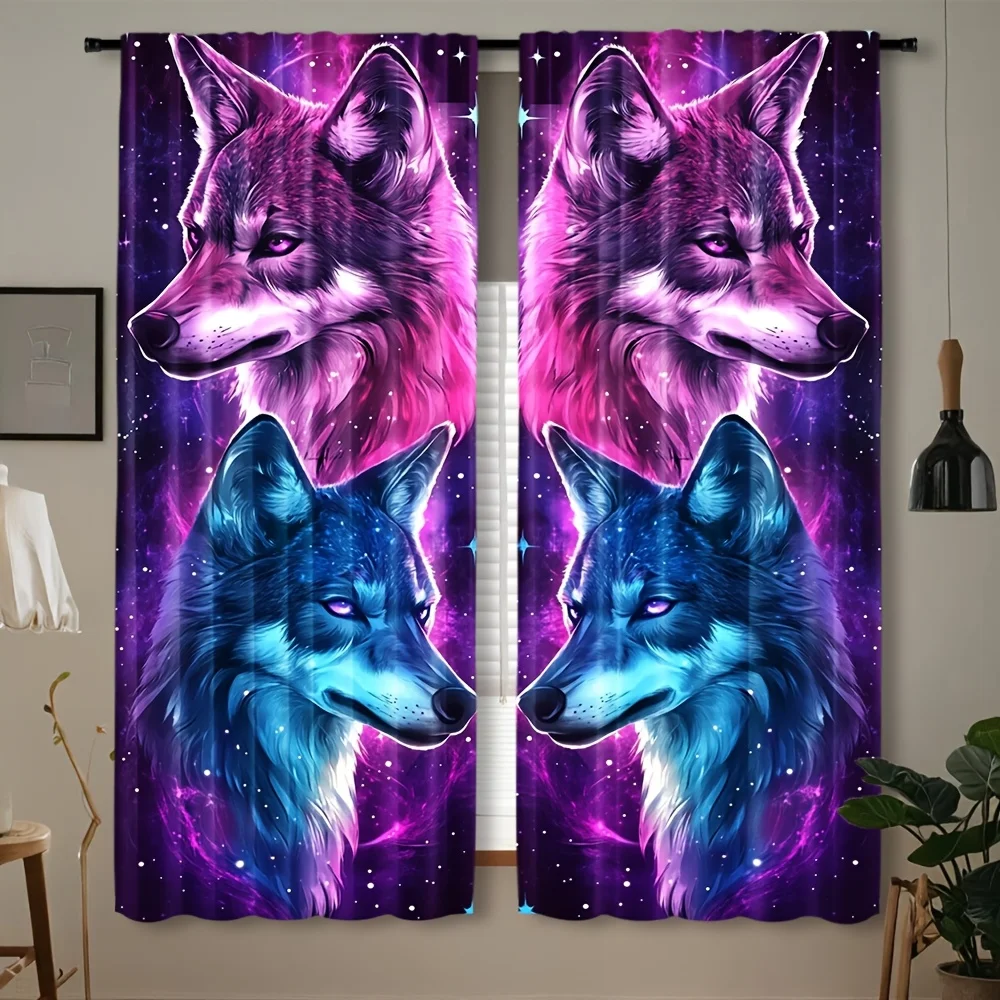 Cyber Starlight Duo Wolf Theme Print Drapes Room Darkening Window Curtains for Home Decor,Rod Pocket Blackout Curtains Bedroom