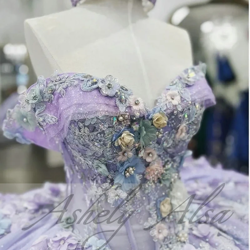 Personalizado lilás princesa menina quinceanera vestidos fora do ombro 3d ilusão floral rendas até bola inchado skit feminino festa de formatura 15