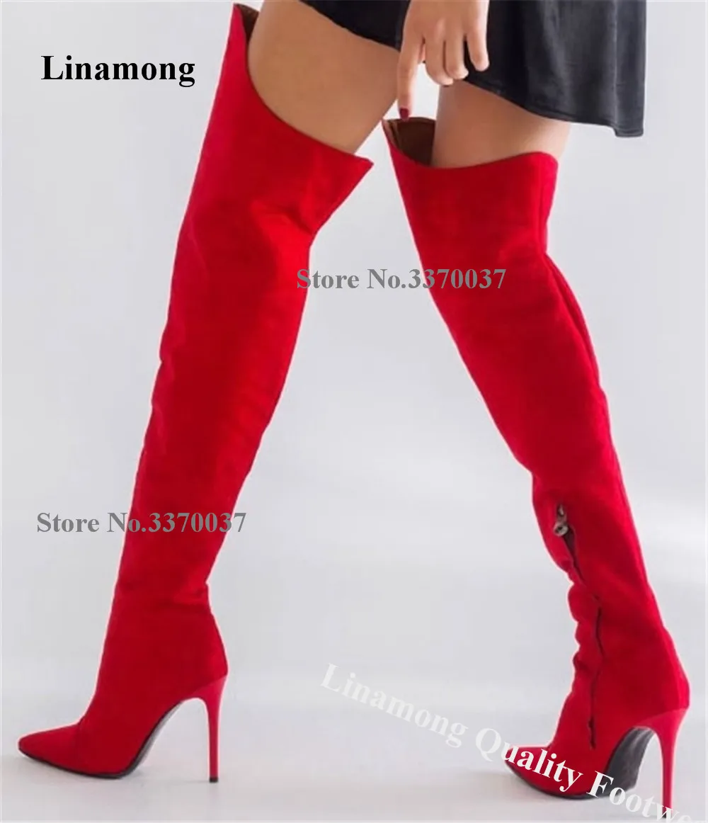 

Linamong Newest Style Red Black Suede Stiletto Heel Over Knee Boots Sexy Pointed Toe Loose Thin Heel Long Boots Big Size Heels
