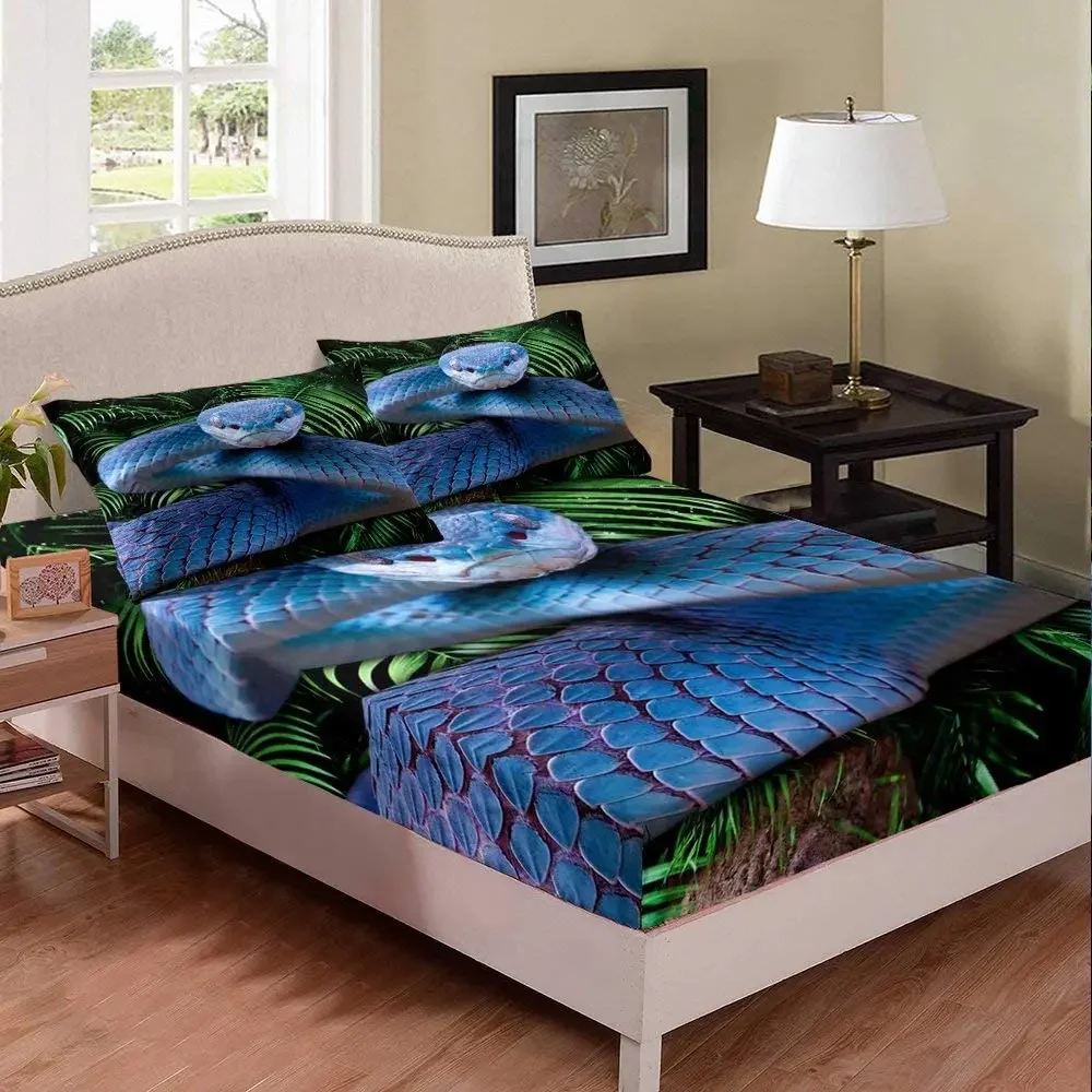 Snake Bedding Set Twin, Blue Snake Fitted Sheet, 3D Reptile Bed Cover Wild Animal Stylish Fitted Sheet for Boys Teens Man Kids