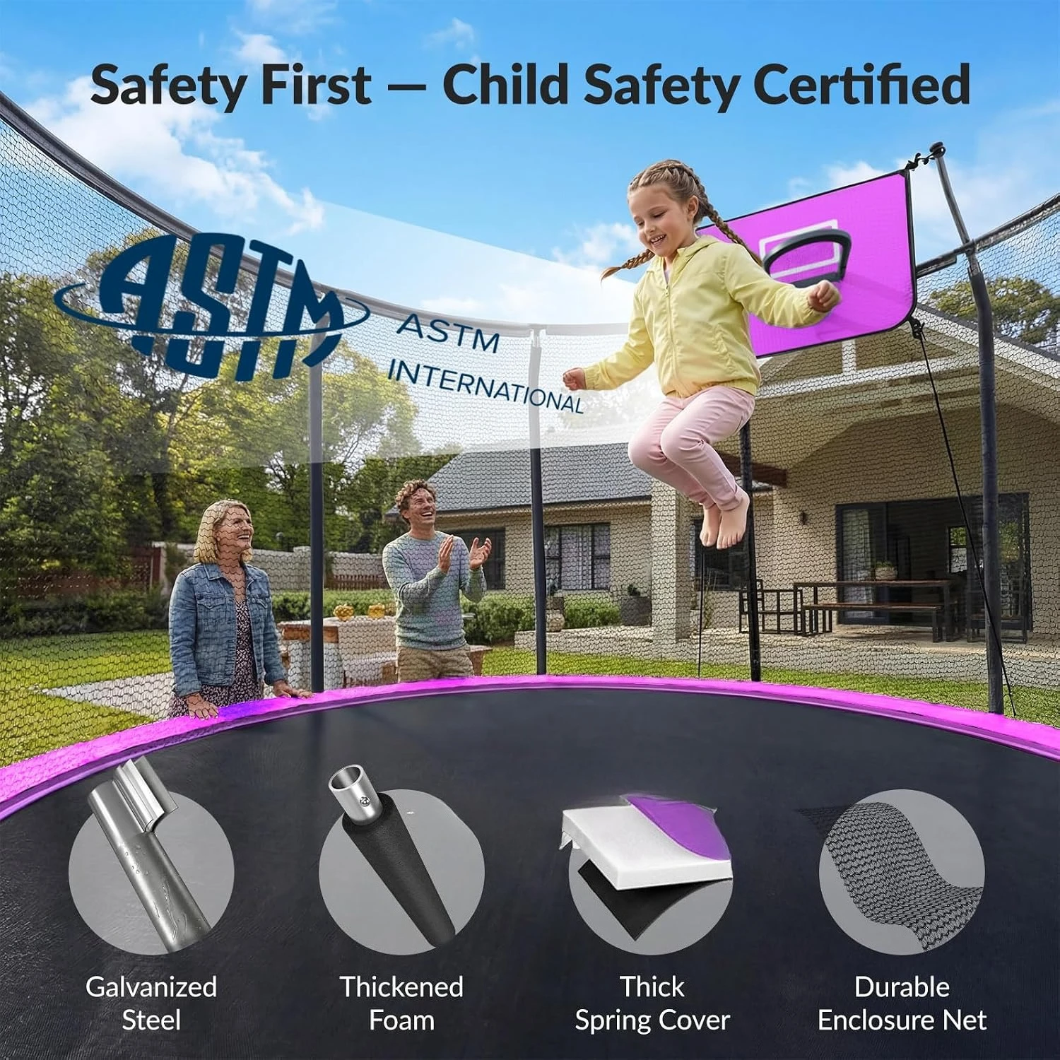 8-16FT Outdoor Trampoline with Net, Basketball Hoop & LED Lights, Customized