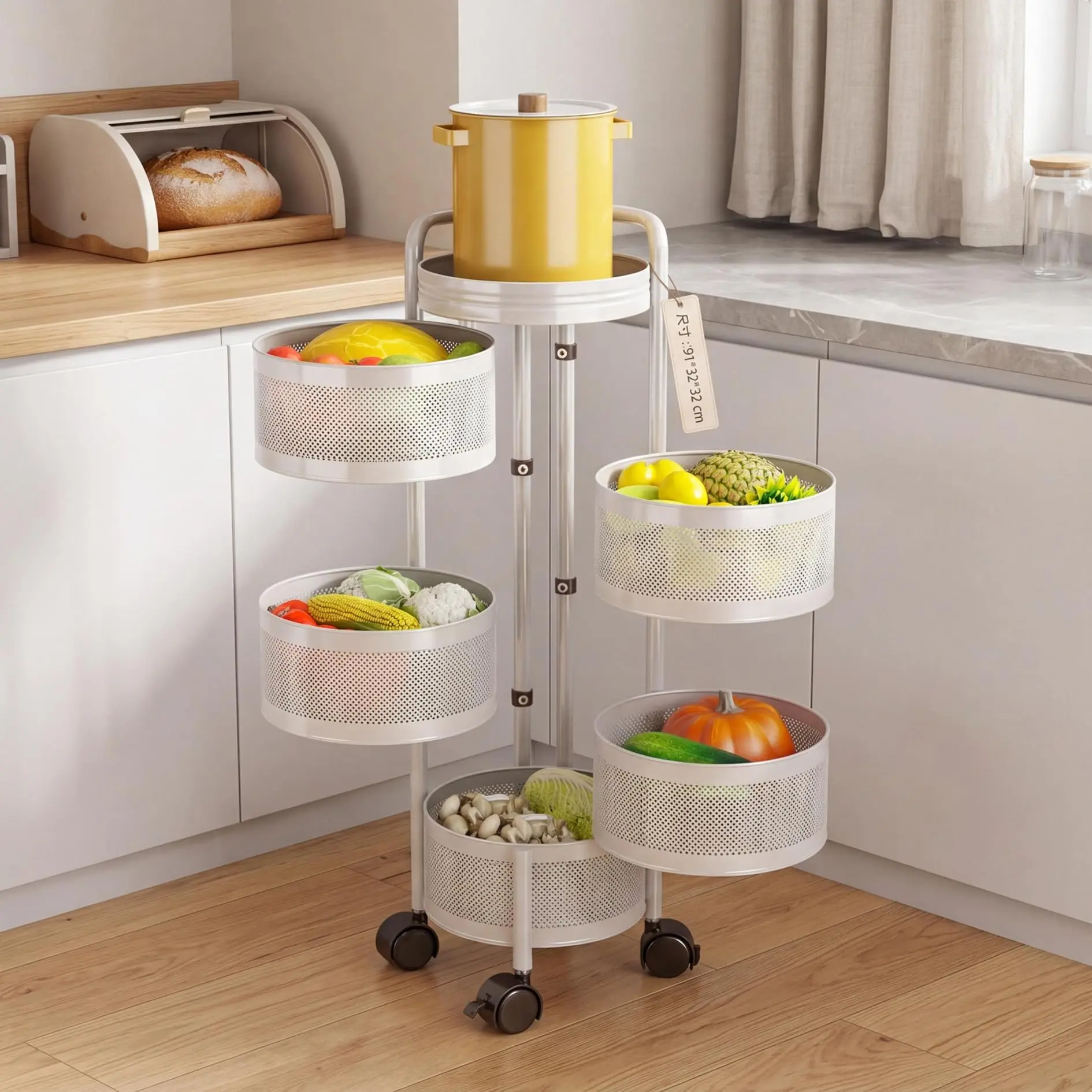 Rotating 5/4-Tier Kitchen Storage Cart – Thickened Carbon Steel Mesh Baskets, Lockable Wheels, Magnetic Closure, Breathable & Detachable Design – Versatile Utility Rack