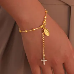 Charm Cubic Zirconia Cross Rosary Bracelet for Women, Stainless Steel Mary Adjustable Link, Religious Jewelry Gift