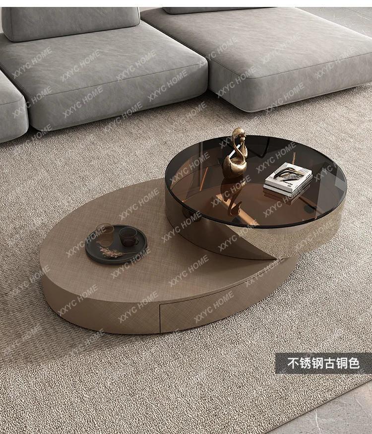 cc182R11 Oval Stainless Steel Rotating Coffee Table Light Luxury Glass Coffee Table TV Cabinet Combination