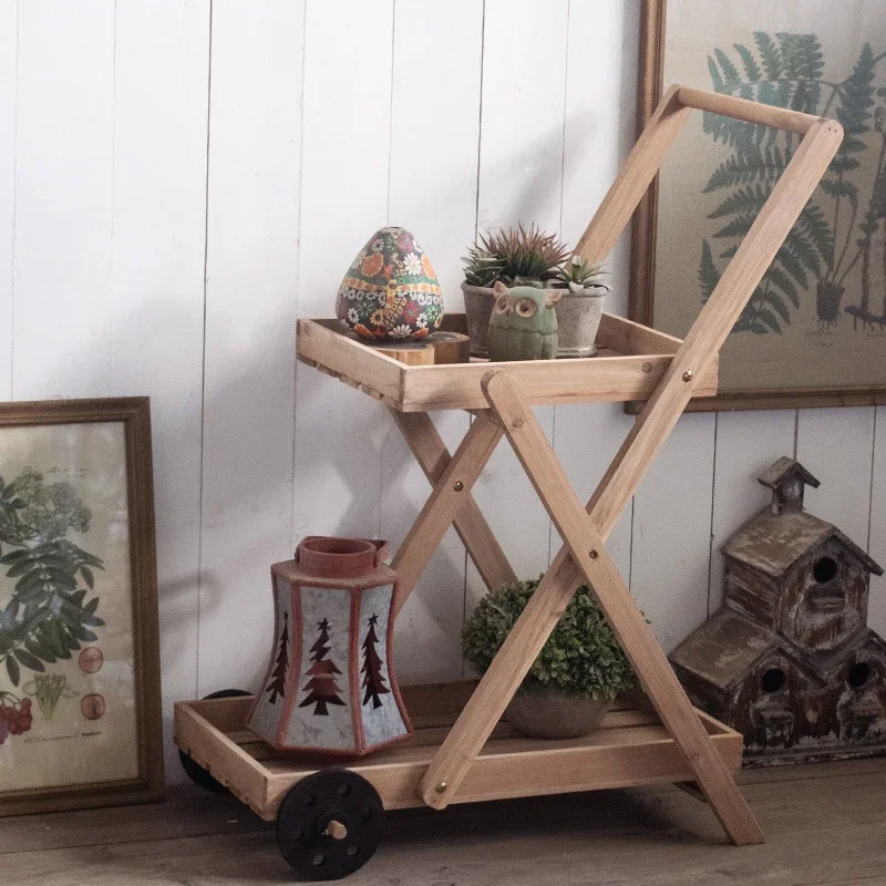 Rustic Farmhouse Plant Cart - Solid Wood Two-Tiered Trolley, Vintage Garden Organizer for Balcony Decor & Succulent Display