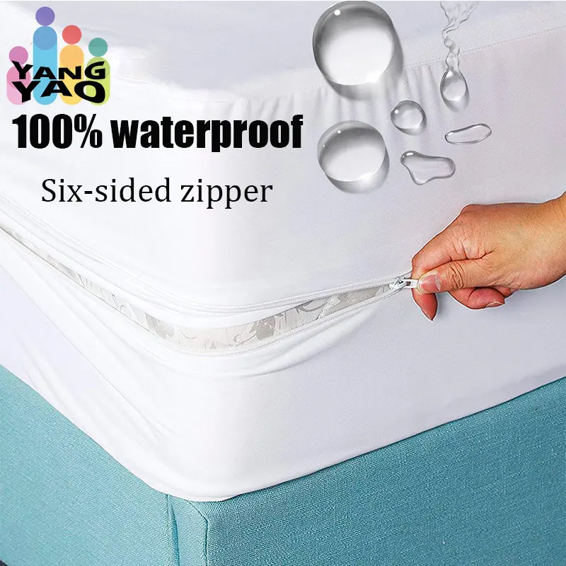 

100% Waterproof Solid Bed Fitted Sheet Zipper Six-Sided Fully Cover Bed Enclosed Mattress Protector Multi Size Bed Sheet