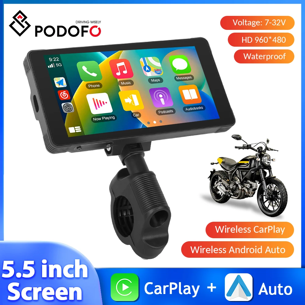 Podofo 5.5inch Waterproof IP67 Motorcycle Carplay Motorcycle Monitor Motorcycle Android Auto Portable DVR Car Monitor Recorder