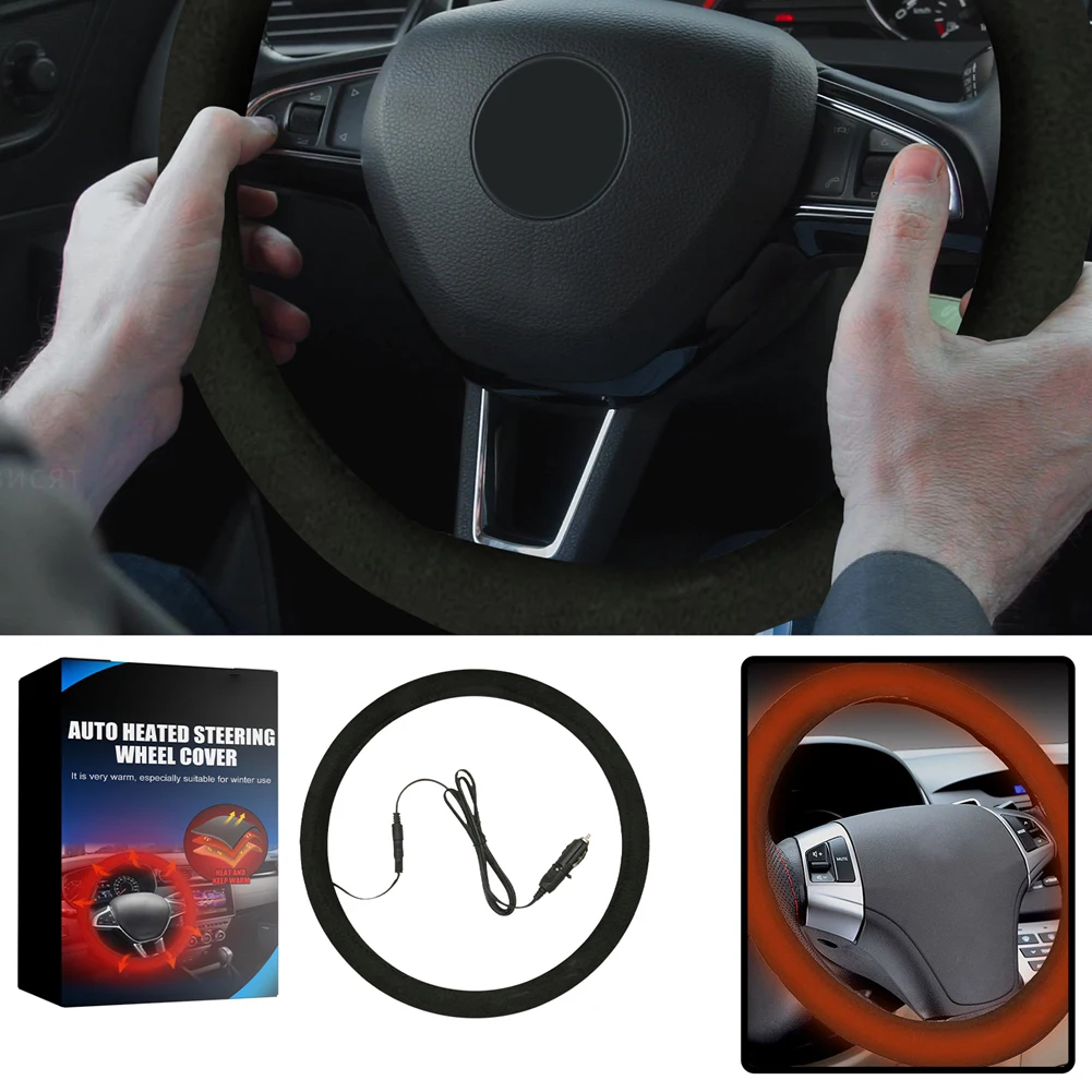 

12V Steering Wheel Heated Cover with Cigarette Lighter Winter Warm Heating Steering Wheel Protector for Cars Vans Trucks