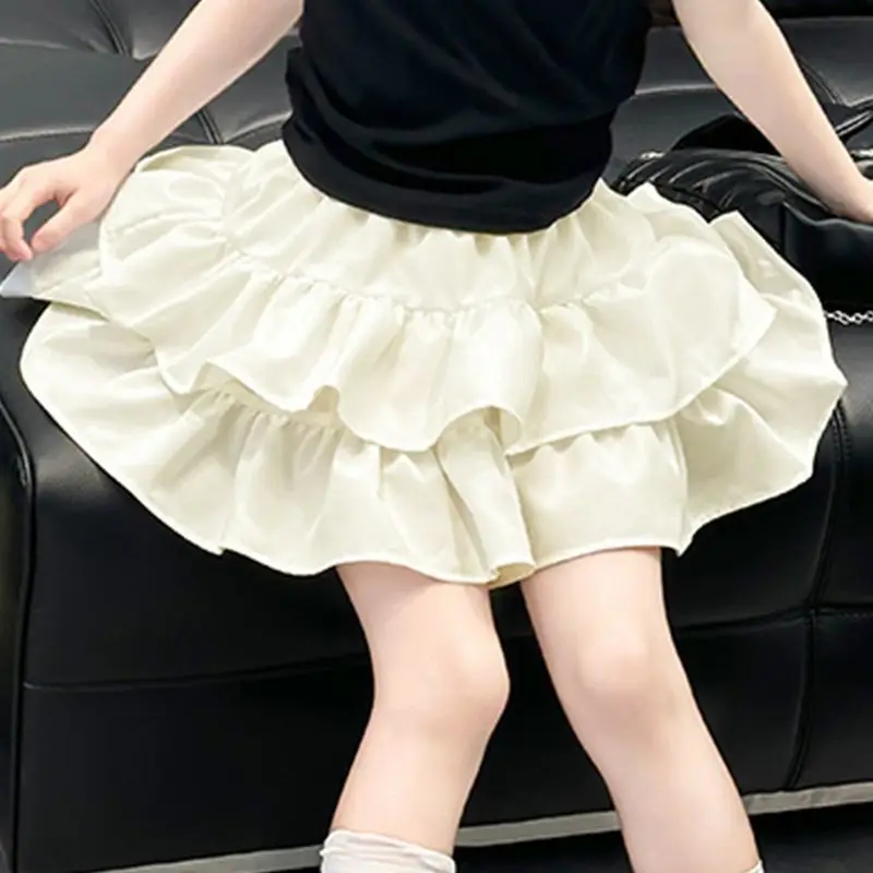 تنورة منفوشة مرنة عالية الخصر للفتيات على طراز Preppy تنورة مزدوجة الطبقات بطيات مكشكشة بحافة كعكة صغيرة تنورة لطيفة Y2K