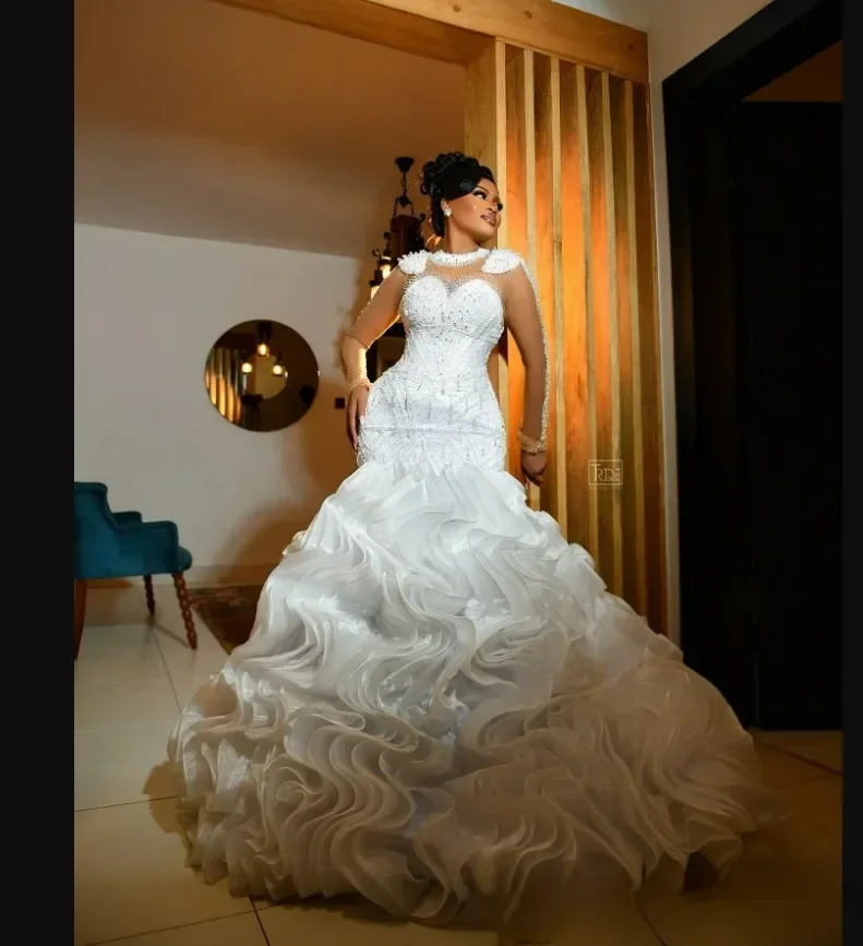 Customized High Neck Sparkly Pearls Crystals Mermaid Wedding Dress  Long Sleeves African Church Cascading RufflesBridal Gowns