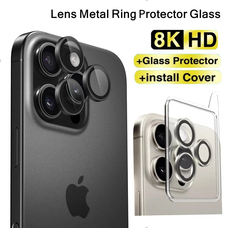 

Easy install Lens Metal Ring Protector Glass for iPhone 16 15 14 13 12 11 Pro Max Plus Camera Lens Protection Film Self-Locator
