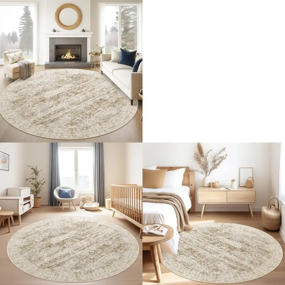 

Vintage 6x6ft Brown Round Rug - Non-Slip Area Carpet for Living & Dining Rooms