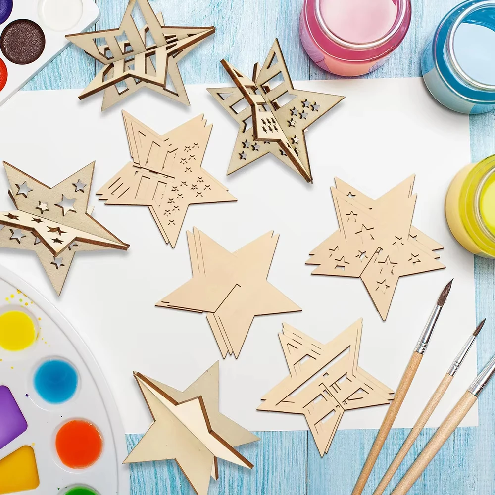 10 قطع من الحرف اليدوية الخشبية على شكل نجوم قابلة للطلاء شرائح خشبية غير مكتملة بفتحات على شكل نجمة لتزيين اللوحة #4