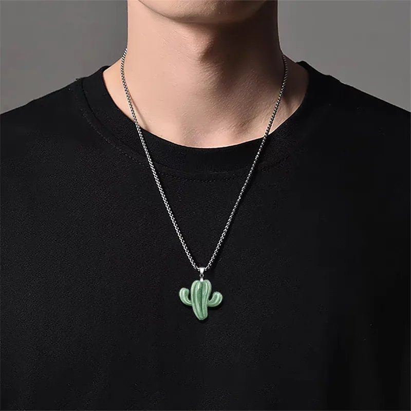 

TIMESWIND Green Natural A-type Jade Cactus Three-D Men Titanium Steel Necklace with Certificate