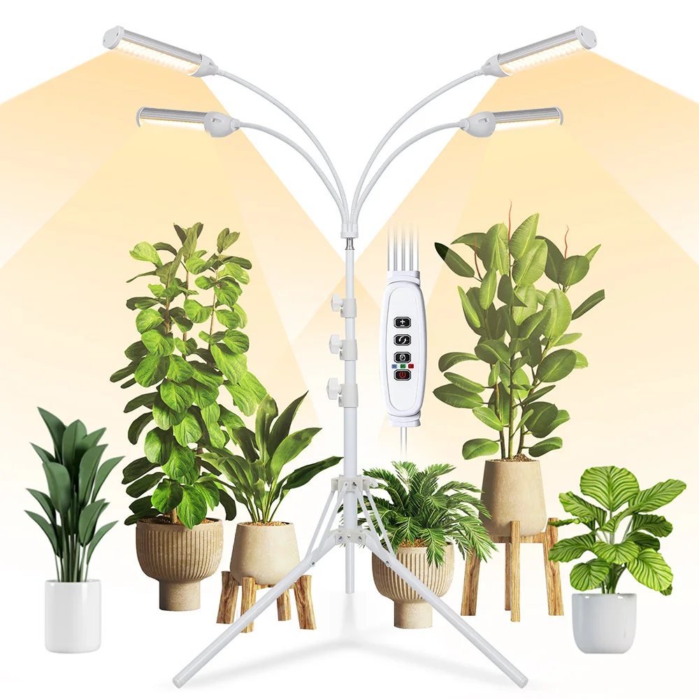 

32 Вт полный спектр четырехголовый светодиодный светильник для выращивания комнатных растений с регулируемой яркостью, автоматический таймер включения/выключения, штатив, торшер для выращивания растений