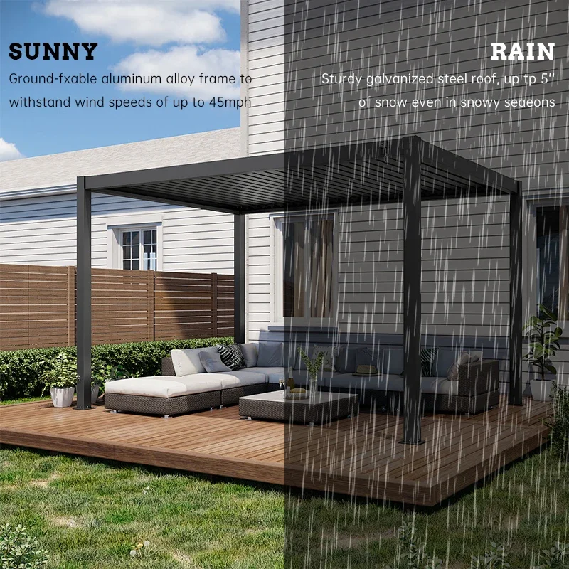 Motorized Aluminium Pergola with LED Light Adjustable Louvered Roof Waterproof Windproof Outdoor Gazebo Patio Deck