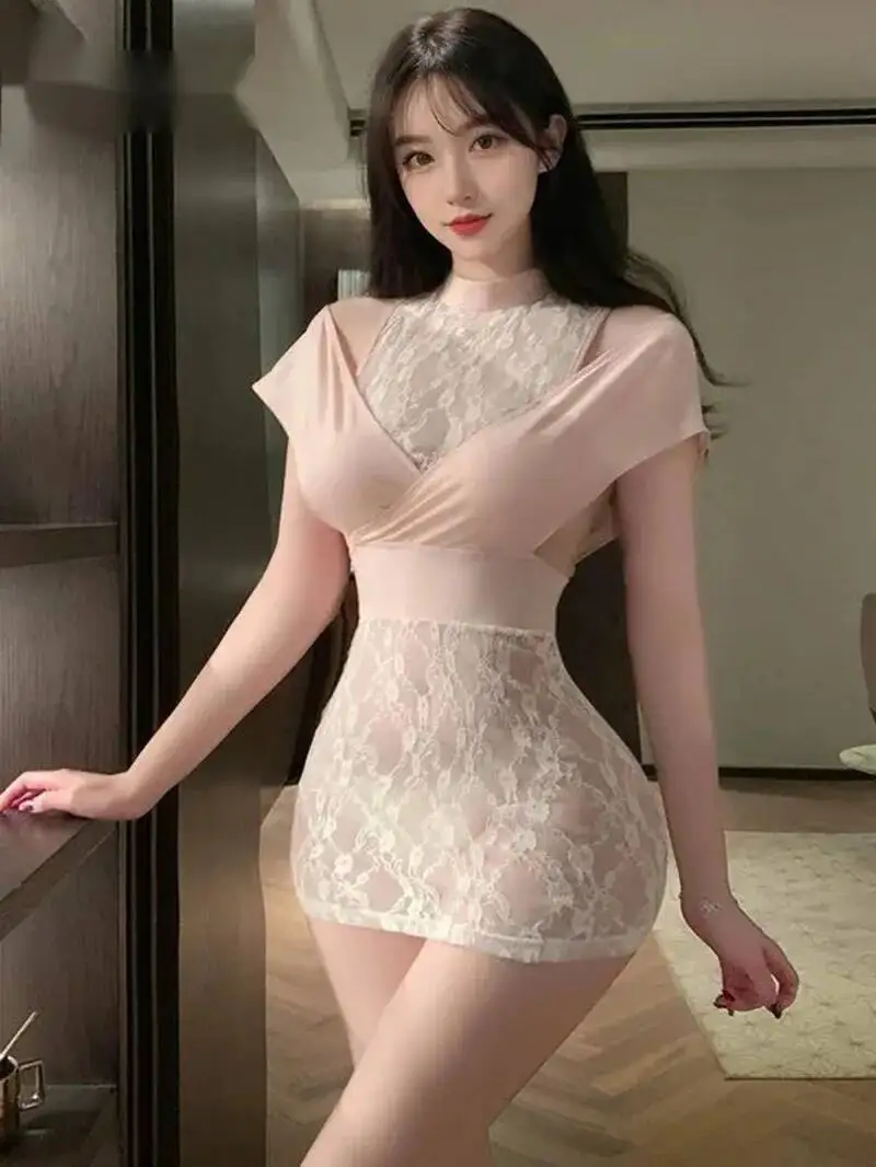 Sexy Vrouwelijke Mesh Kant Sheer Nep Tweedelige Opstaande Kraag Kant Wrap Hip T-shirt Mini Jurk Nachtjapon uniform Jurk Elegante DU88